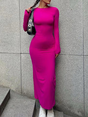Solid Color Split-Joint Bodycon Long Sleeves Round-Neck Maxi Dresses