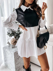 Contrast Color Pleated Split-Joint Long Sleeves Loose Lapel Mini Dresses
