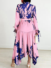 Lace-Up Pleated Printed Split-Joint Tied Waist Irregular clipping Long Sleeves Lapel Shirt Dress Maxi Dresses