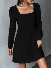 A-Line High Waisted Solid Color Split-Joint Square-Neck Mini Dresses