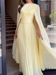 Solid Color Cloak Sleeves Pleated Elegant Satin Maxi Dresses
