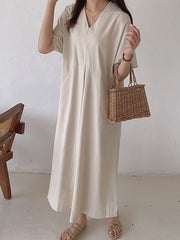 Loose Solid Color V-Neck Pleated With Pockets Midi Dresses