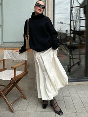 Silk Satin White Maxi Skirt Long Ruffled Pleated Skirts Elegant Lantern Pants A-Line Silk Long Skirts For Women NewChristmas Gifts