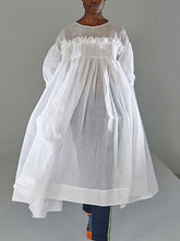 Mesh Pleated See-Through Solid Color Split-Joint A-Line Long Sleeves Round-Neck Midi Dresses