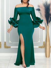 Bodycon Flared Sleeves Falbala Solid Color Split-side Off-the-shoulder Maxi Dresses