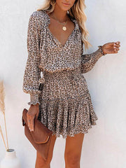 Contrast Color Leopard Pleated Split-Joint Tied A-Line Long Sleeves V-Neck Mini Dresses