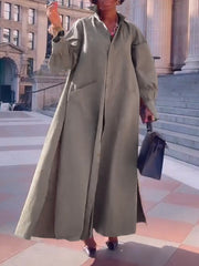 Long Sleeves Loose Solid Color Split-Joint Split-Side Lapel Maxi Dresses Shirt Dress