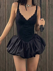 Lace Patchwork Suspender Mini Dress In Black