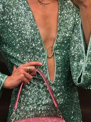 Shiny Sequinned Long Sleeves Hollow Mini Dresses