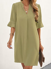 A-Line Flared Sleeves Pleated Ruffled Solid Color Split-Joint V-Neck Mini Dresses
