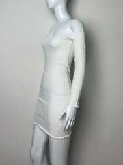 Sexy Hollow Out Strapless Mini Dress For Women White Off-shoulder Long Sleeve Bodycon Club Party Autumn Knitted Sweater Dress