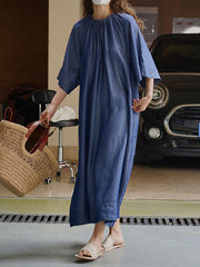 Drawstring Lace-Up Pleated Solid Color Loose Raglan Sleeve Round-Neck Midi Dresses