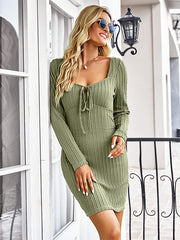 Vacation Long Sleeves Wrap Solid Color U-Neck Dress