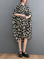 Heart Print Batwing Sleeves Irregular clipping Lapel Midi Dresses