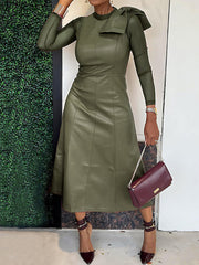 Long Sleeves Solid Color Split-Joint Round-Neck Inner Shirts + A-Line Bowknot Midi Dresses Two Pieces Set