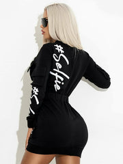 Letter Print Zipper Collar Long Sleeves Mini Dresses