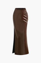 Faux Leather High Waisted Slit Maxi Skirt
