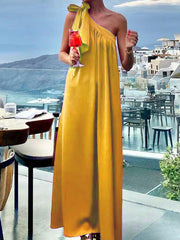 Asymmetric Pleated Solid Color Tied A-Line Loose One-Shoulder Maxi Dresses