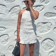 Backless Folds Halter Short Dresses For Women Elegant Sexy Backless Beach Party Mini Dress Lace Up Female Bodycon ClothesChristmas Gifts