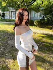 Sexy Hollow Out Strapless Mini Dress For Women White Off-shoulder Long Sleeve Bodycon Club Party Autumn Knitted Sweater Dress