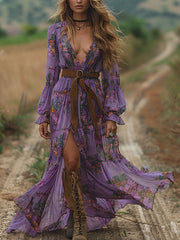 Vintage Floral Long Sleeves Ruffled Maxi Dresses