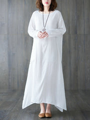 Casual Long Sleeves Loose Solid Color Round-Neck Maxi Dresses