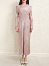 A-Line High Waisted Bronzing Pleated Shiny Solid Color Round-Neck Midi Dresses