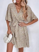 Half Sleeves Loose Pleated Printed Ruffled Tied Waist V-Neck Mini Dresses