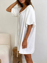 Loose Puff Sleeves Lace-Up Pleated See-Through Solid Color V-Neck Mini Dresses Sleep Dress