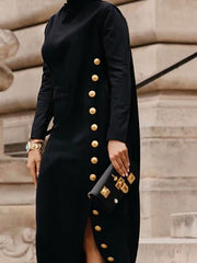 Asymmetric Buttoned Split-Joint Split-Side Long Sleeves Loose Mock Neck Maxi Dresses