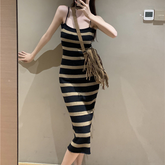 Retro Striped Knitted Camisole Dress for Women's Summer Slim fit Dresses Bodycon Mid Length Tight Sexy Sleeveless Sundress