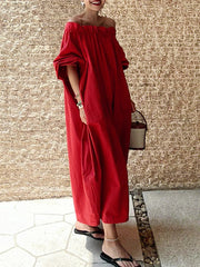 Half Sleeves Loose Elasticity Pleated Solid Color Off-The-Shoulder Maxi Dresses