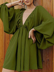 Elasticity Solid Color V-back Long Sleeves Loose Deep V-Neck Mini Dresses