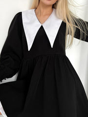 Contrast Color Pleated Tiered Long Sleeves Loose Peter Pan Collar Mini Dresses