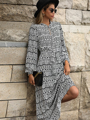 Bohemia Puff Sleeves Lace-Up V-Neck Dress