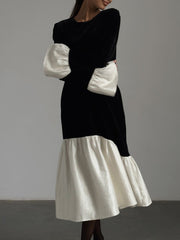 Contrast Color Pleated Split-Joint Flared Sleeves Long Sleeves Round-Neck Midi Dresses