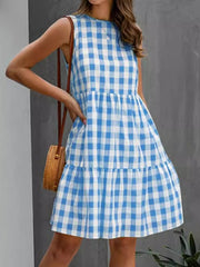 Hollow Plaid Pleated Split-Joint Loose Sleeveless Round-Neck Mini Dresses