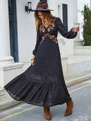 Vacation Polka-Dot Embroidered V-Neck Maxi Dress