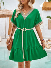 Short Sleeves Belted Split-Joint V-neck Mini Dresses