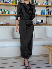 A-Line High Waisted Pleated Solid Color Split-Front Mock Neck Maxi Dresses