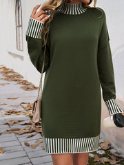 Contrast Color Split-Joint Long Sleeves Loose Mock Neck Sweater Dresses Mini Dresses