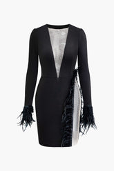 Deep V-neck Patchwork Feather Long Sleeve Mini Dress