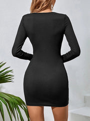 Long Sleeves Skinny Knot Solid Color Round-Neck Mini Dresses