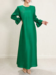 Pleated Solid Color A-Line Loose Round-Neck Maxi Dresses