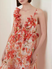 Flower Printed Sleeveless V-Neck Elegant Gauze Maxi Dresses