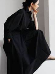 Buttoned Solid Color Long Sleeves Loose Lapel Midi Dresses