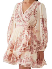 Flower Printed Ruffled Long Sleeves Elegant Mini Dresses