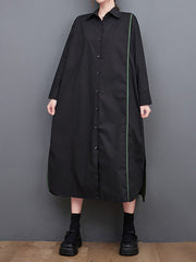 Long Sleeves Loose Asymmetric Buttoned Split-Joint Split-Side Lapel Midi Dresses Shirt Dress