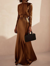 Long Sleeves Loose Pleated Shiny Solid Color Split-Joint Tied Waist High Neck Evening Dresses Maxi Dresses