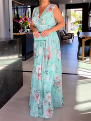 Sleeveless Floral Printed Split-Side V-Neck Maxi Dresses